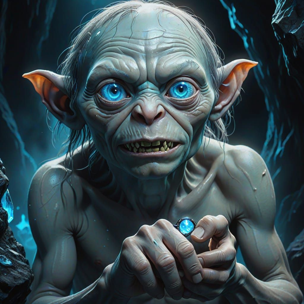 Gollum Holding Ring in Glowing Neon Art