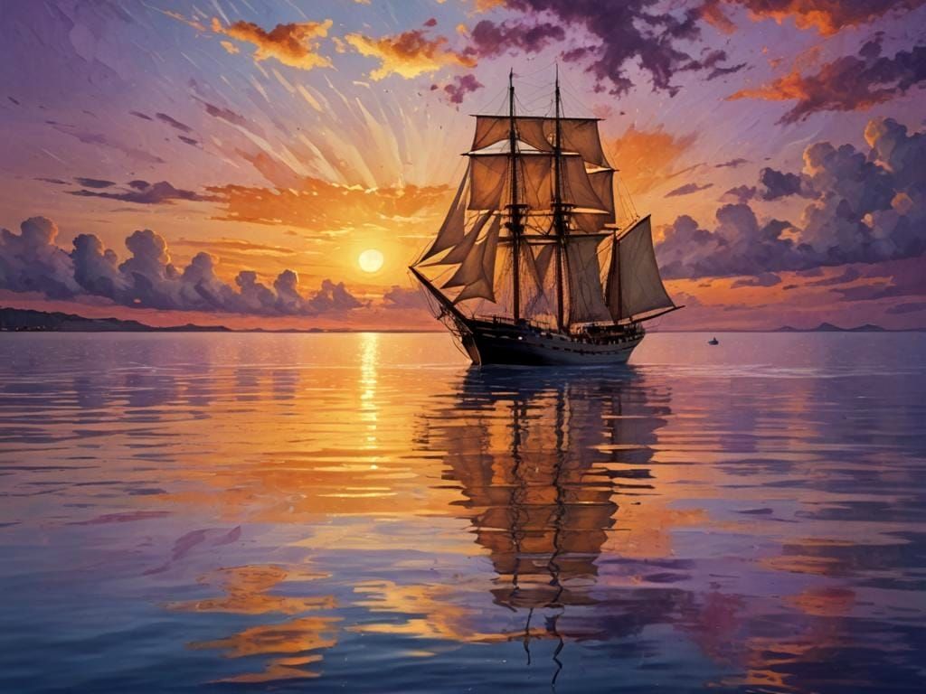 Schooner Ship at Sunset: Dreamlike Digital Art
