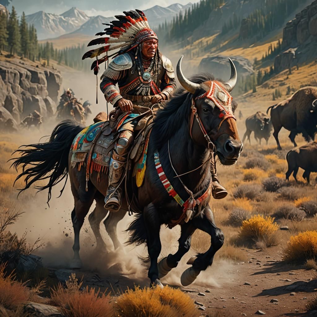 Sioux Chief Hunting Bison: Hyperrealistic Sci-Fi Art