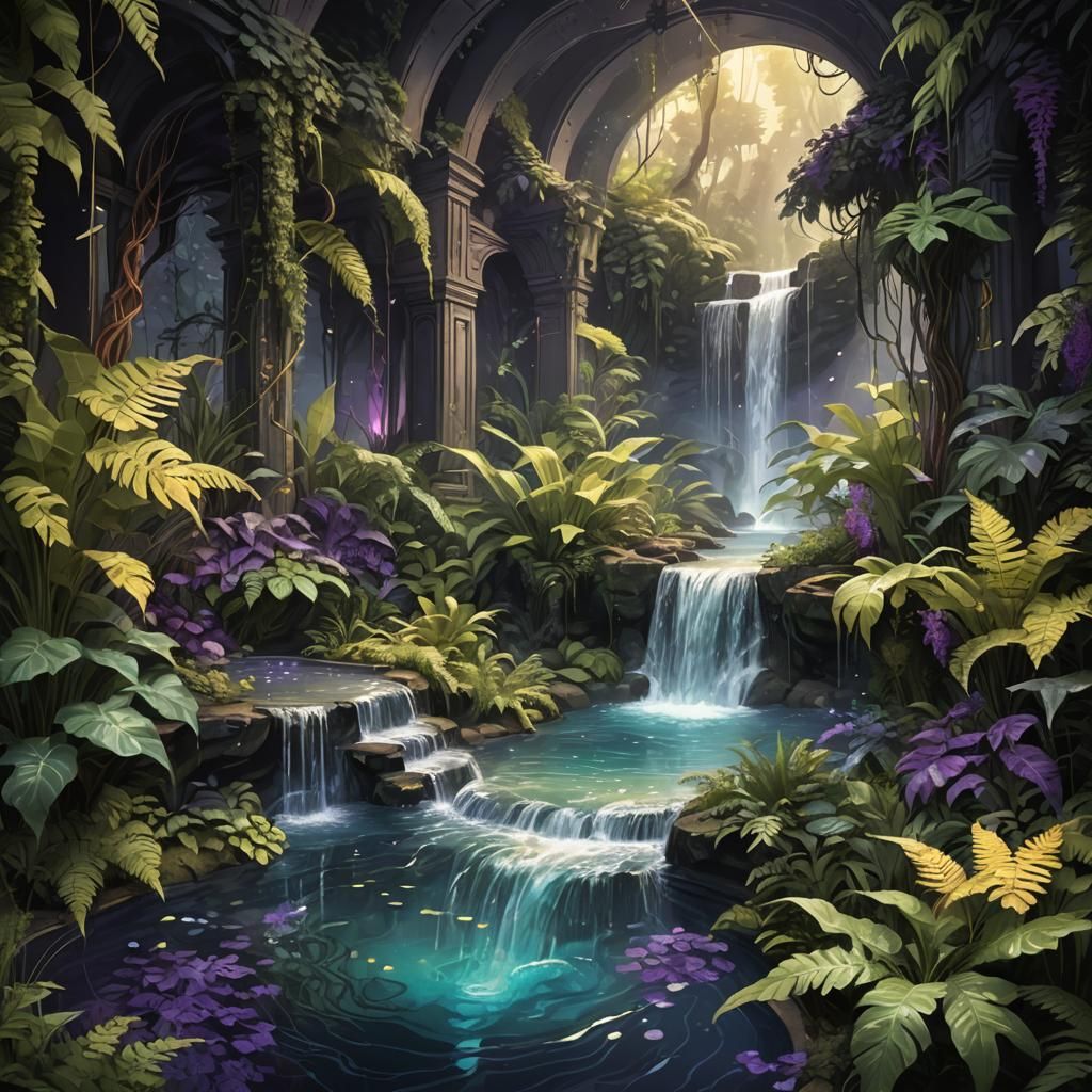 Enchanted Waterfall: Art Nouveau Fantasy Concept