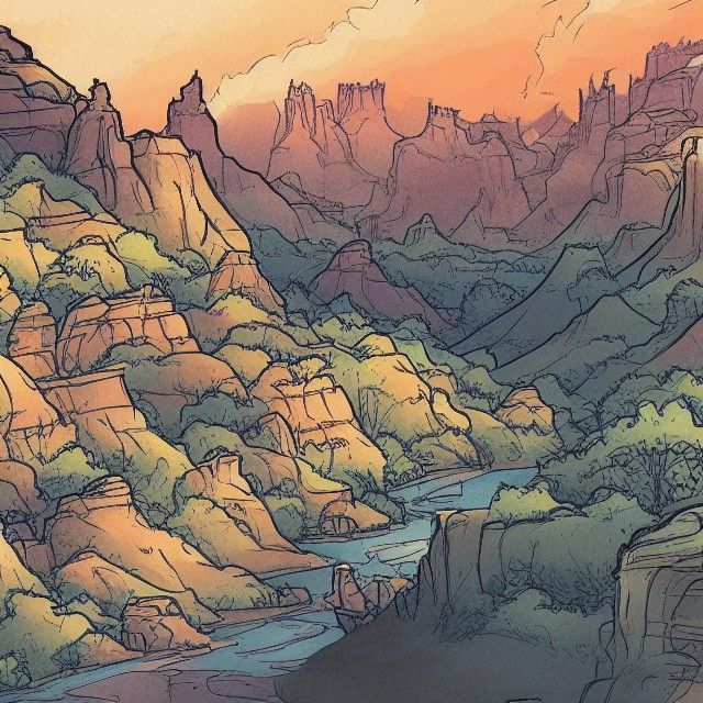 Canyon Landscape Illustration in Watercolor Line Art