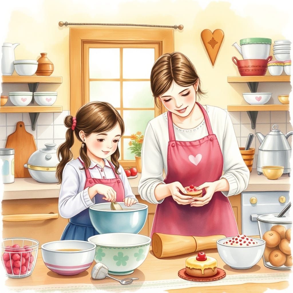 Mother and Daughter Baking in Whimsical Watercolor Style