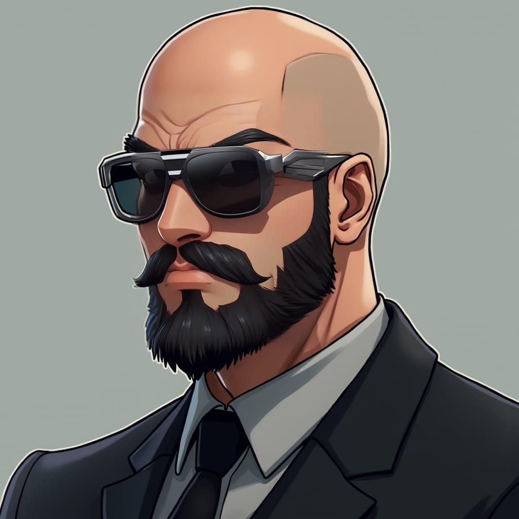 Fierce Bald Man in Black Suit: Anime-Inspired 3D Art