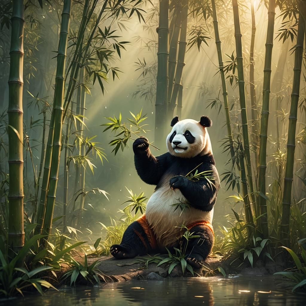 Panda Eating Bamboo in Misty Forest, Digital Art