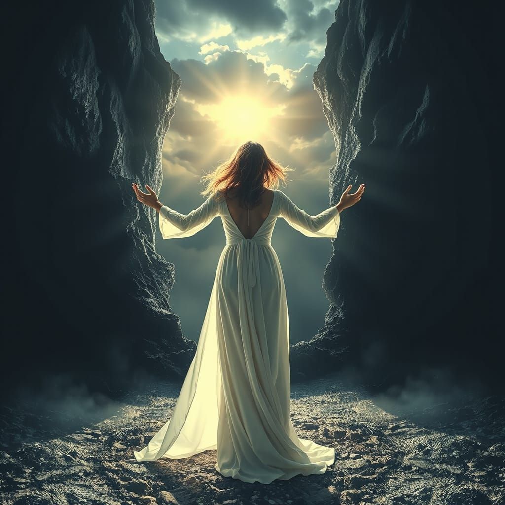 Radiant Woman Parts Stormy Darkness in Epic Scene