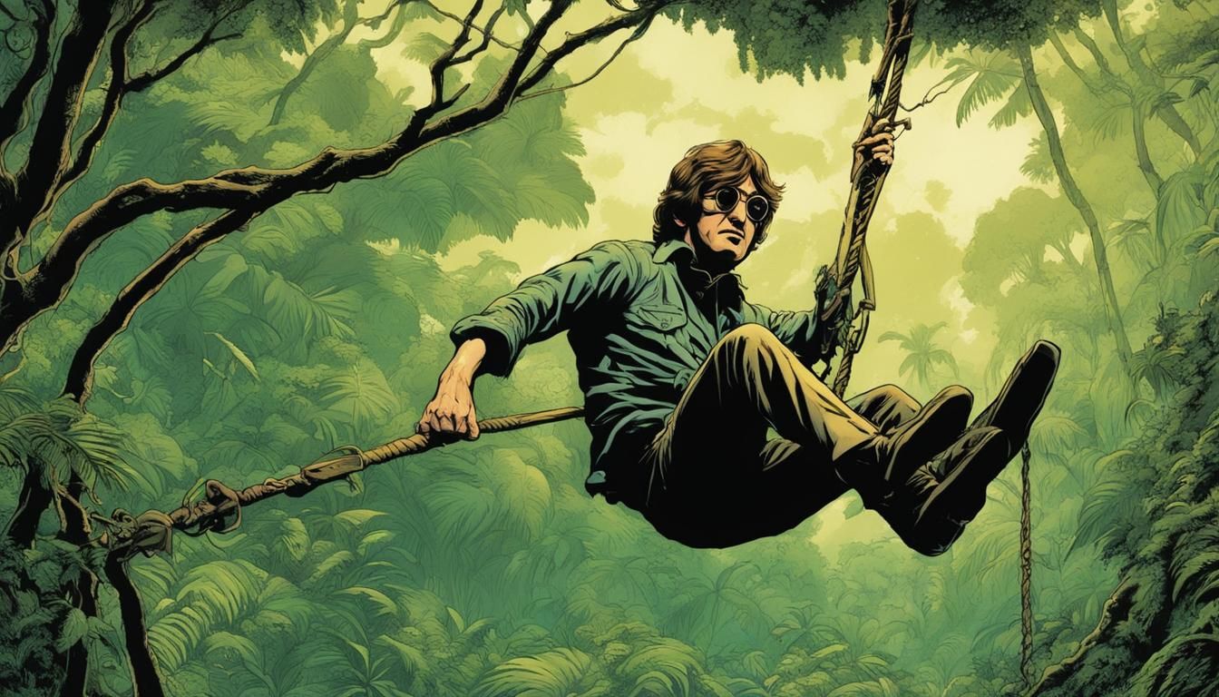 John Lennon swinging on a jungle vine Mark Brooks and Dan Mumford, comic book art, perfect, smooth