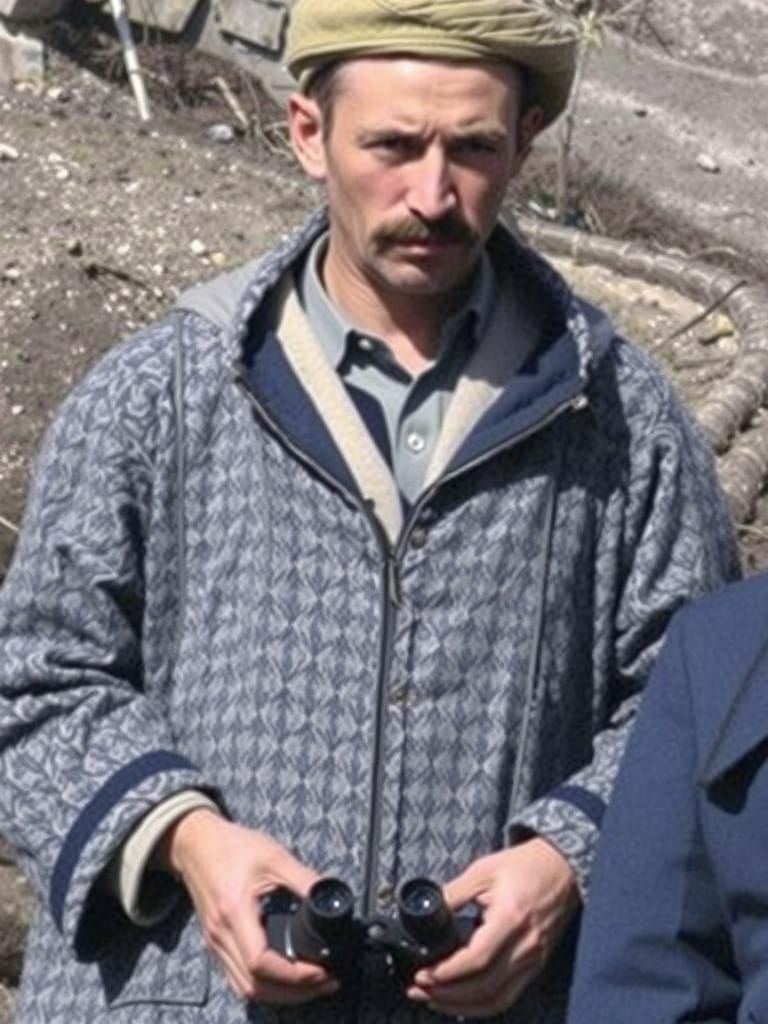 Man in Blue Coat and Beige Beret Holding Binoculars in a Sha...