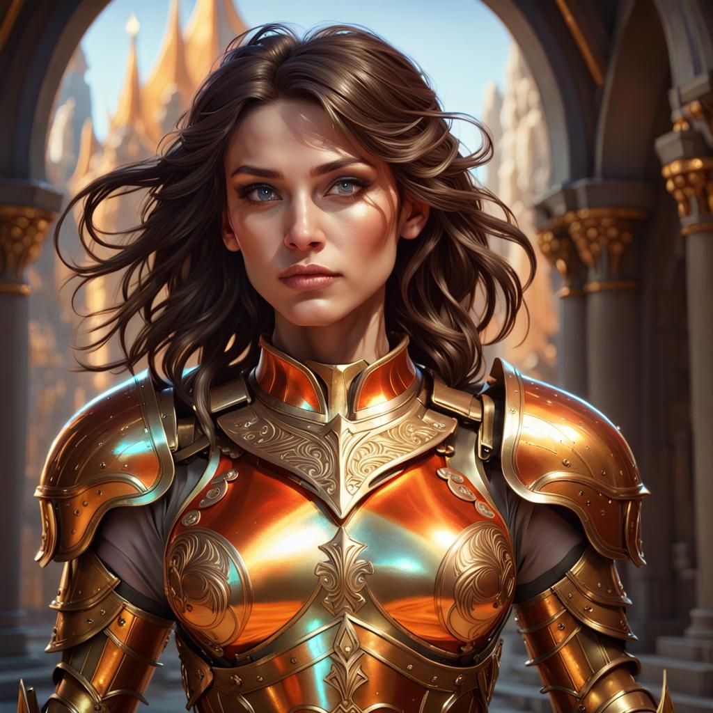 Brunette Paladin in Gold Armor, Dark Fantasy Art