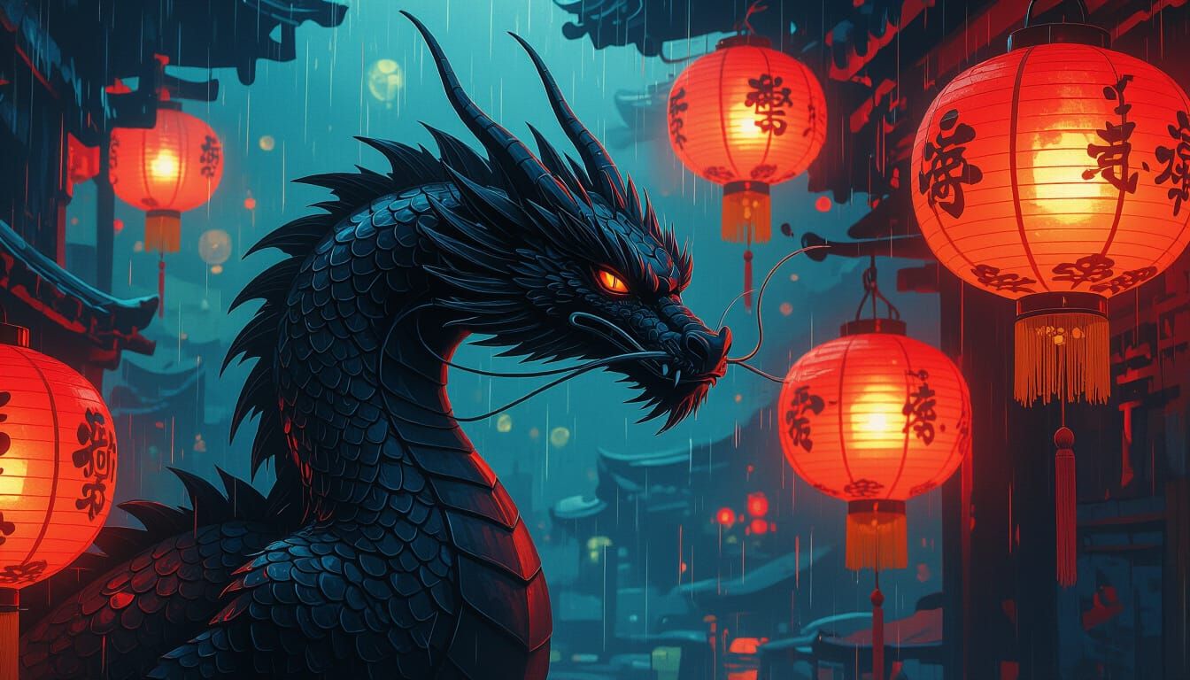 Black Dragon Among Glowing Lanterns in Rain