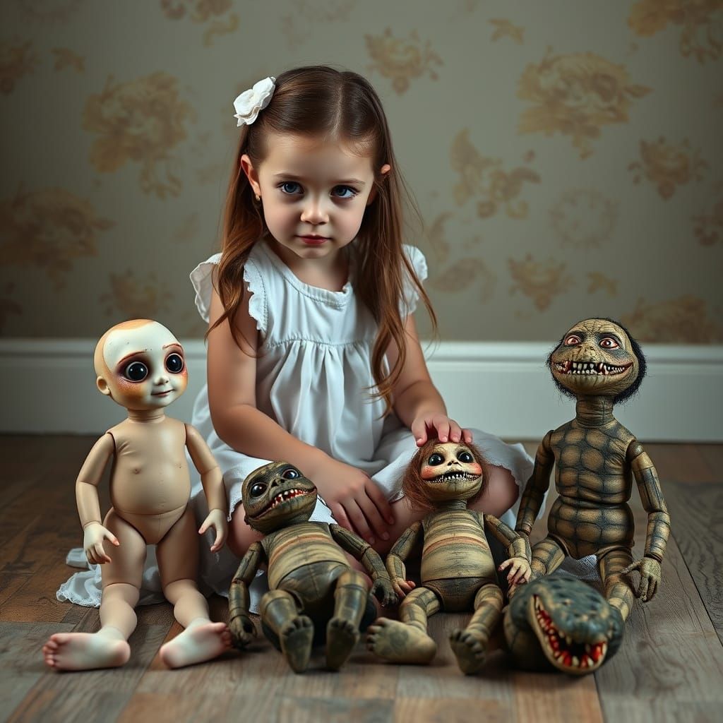 Girl Playing with Strange Dolls