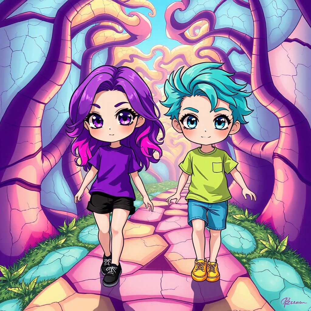 Whimsical Chibi Duo Strolls Through Candyland Lane