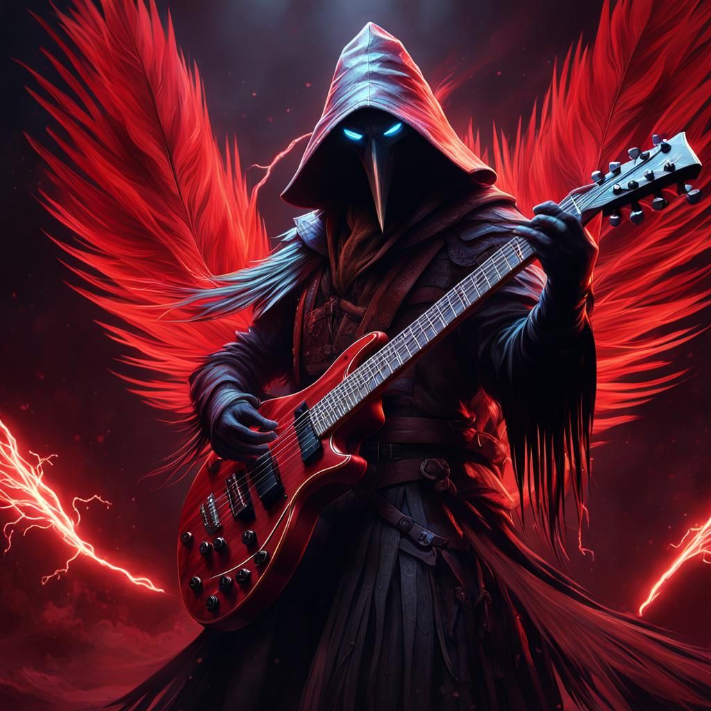 Kenku Bard Shredding Electric Guitar, Dark Fantasy Art