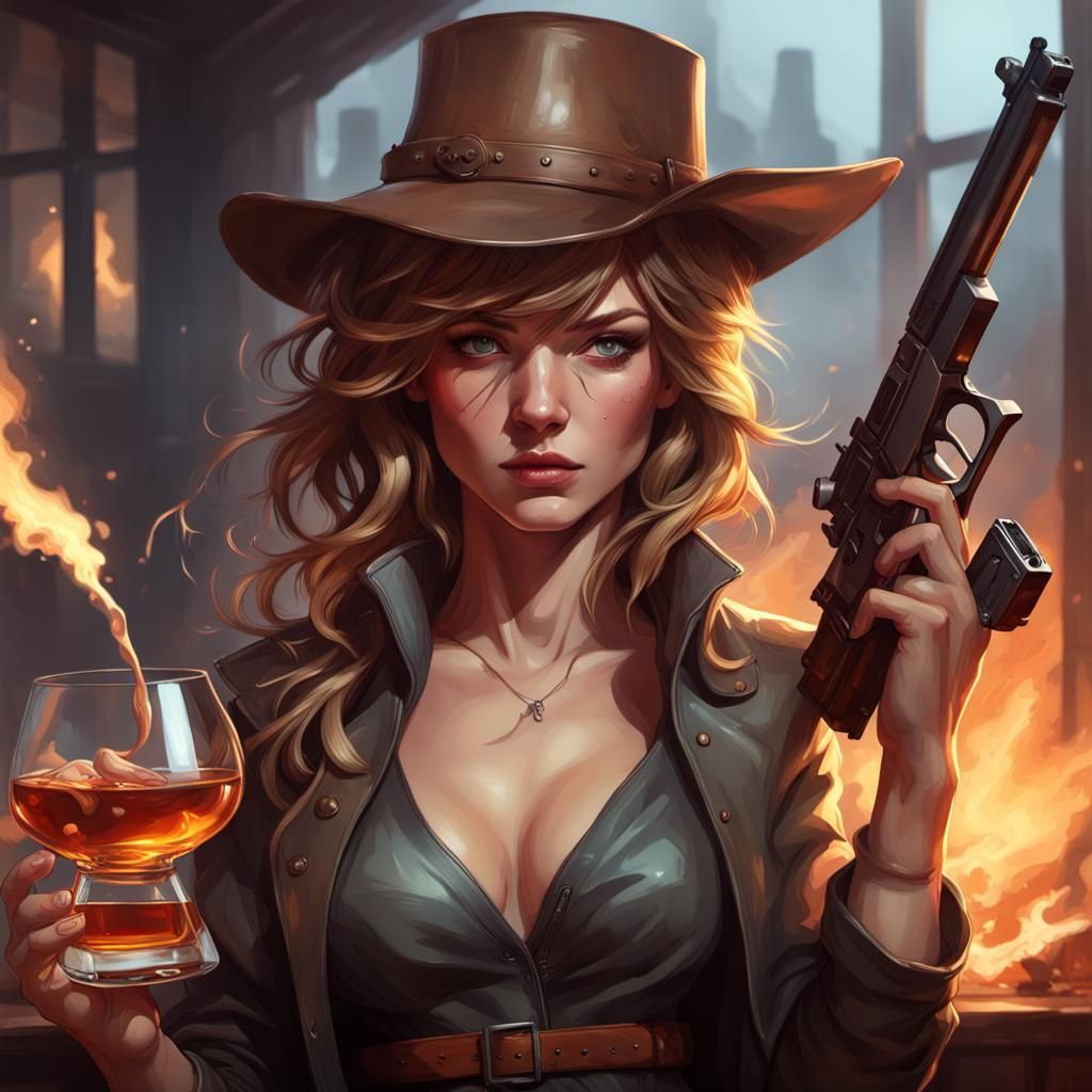 Woman with Whisky and Gun, Hyperdetailed Portrait