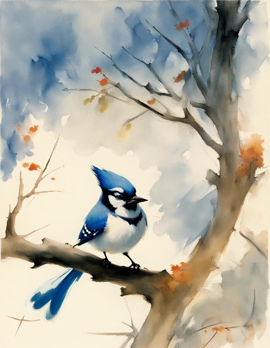 Blue Jay in Tree, Tyrus Wong Style