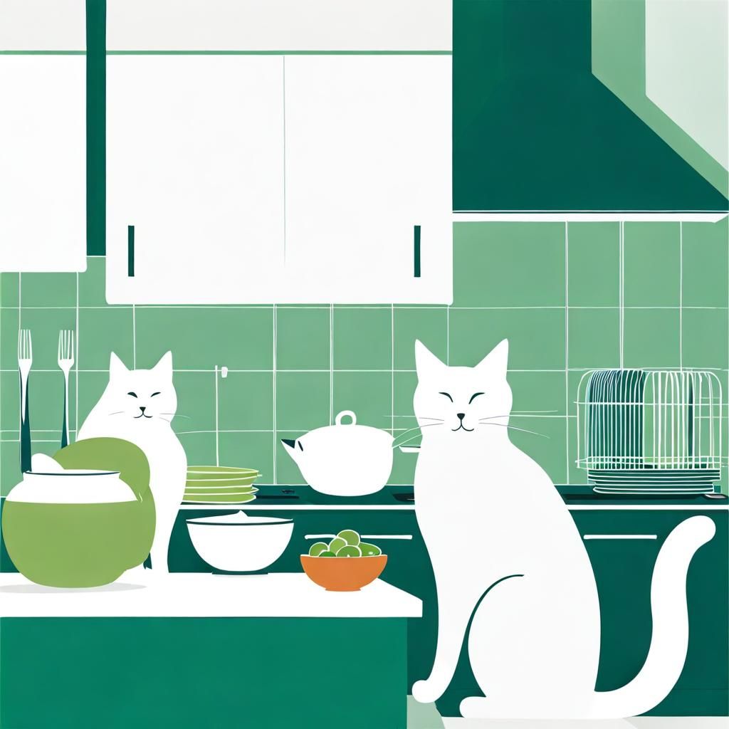 Minimalist Cat Illustration: Kitchen Mischief in Blue and Gr...