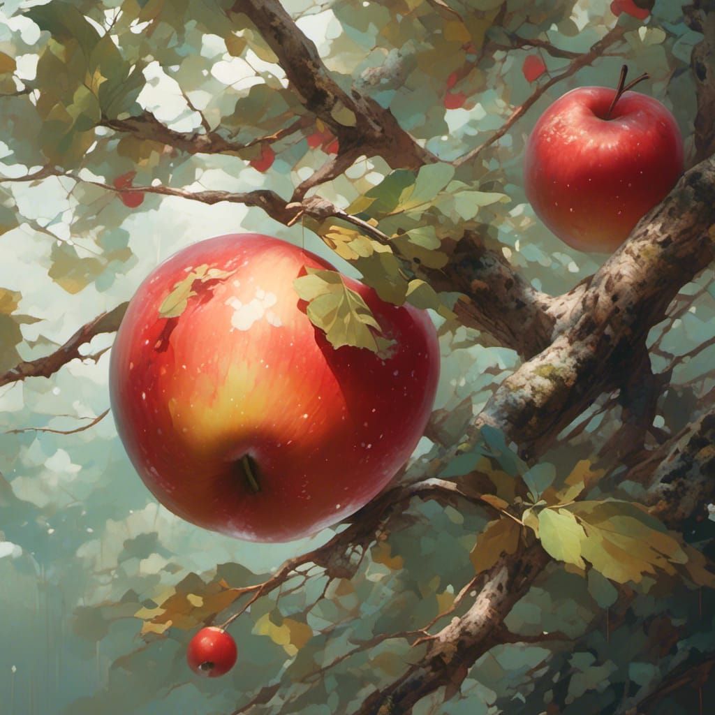 Hand-Painted Apple on Branch, Close-up View