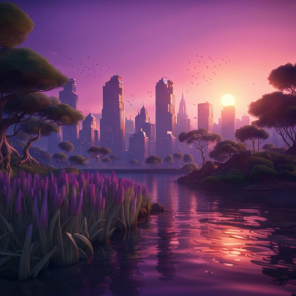 Lavender City Skyline with Jungle Animals at Sunset
