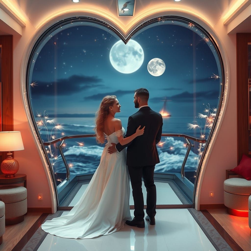 Romantic Pose of Lovers on a Luxury Cruise Ship