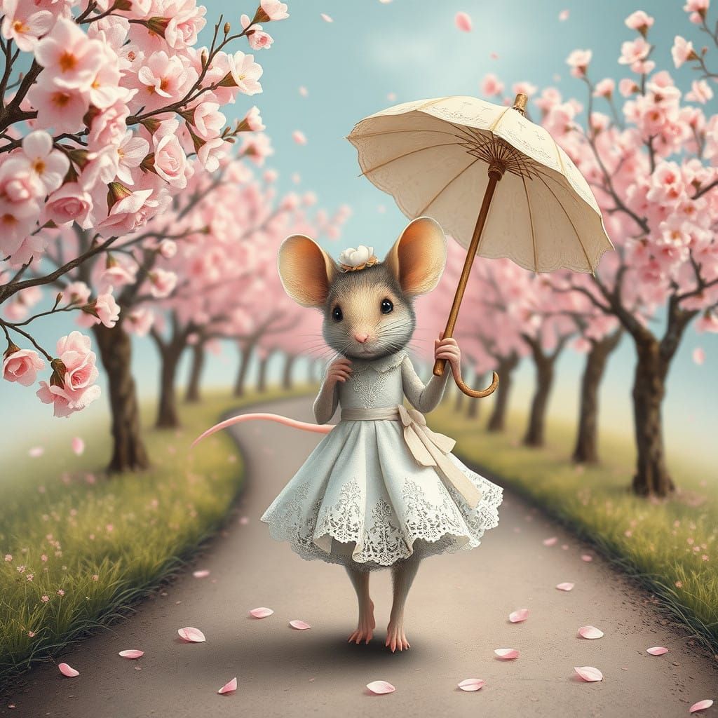 Whimsical Mouse in Cherry Blossom Wonderland