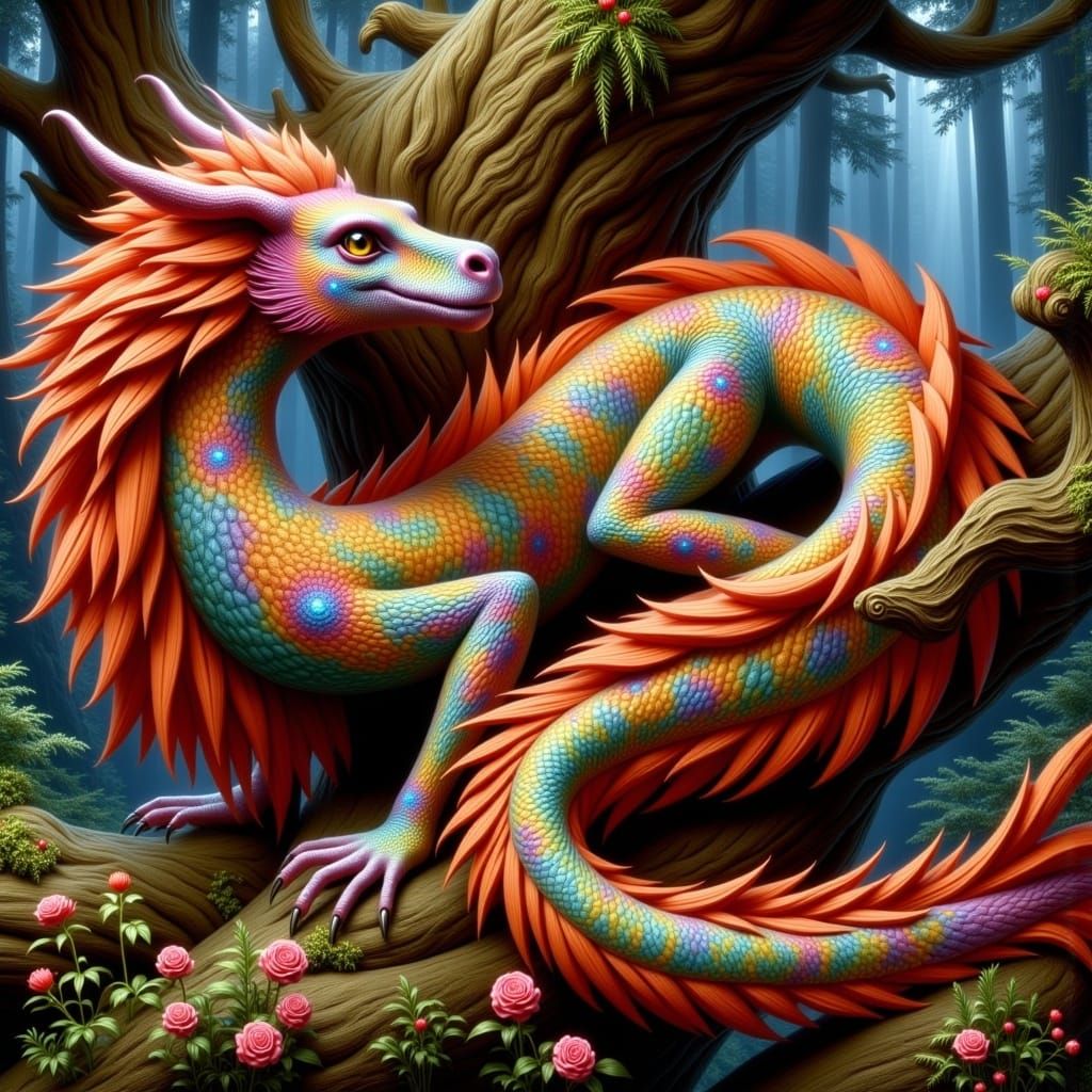 Iridescent Dragon Waves Hello in Surreal Forest