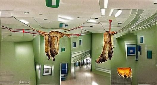 Photorealistic Animal Carcass in Hospital Corridor