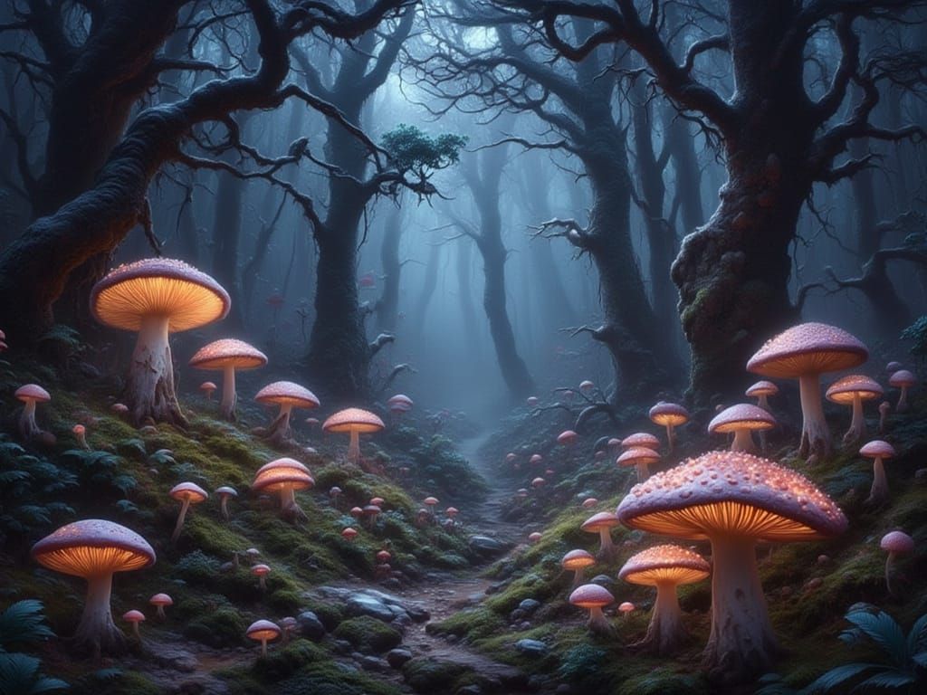 Ethereal Forest at Night with Glowing Mushrooms