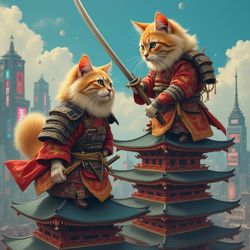 Samurai Cats Duel Atop Futuristic Pagoda