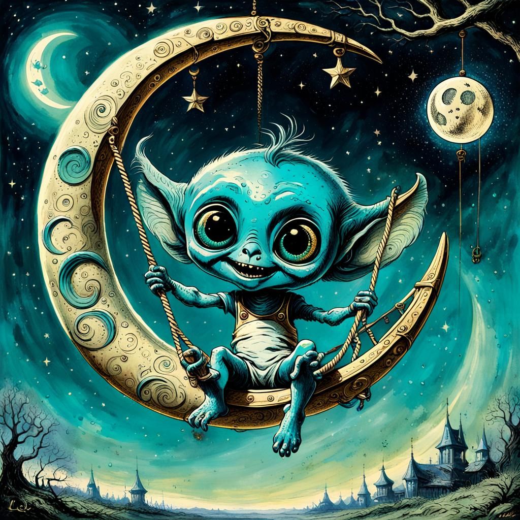 Teal Alien Swings from Moon: Vintage Illustration