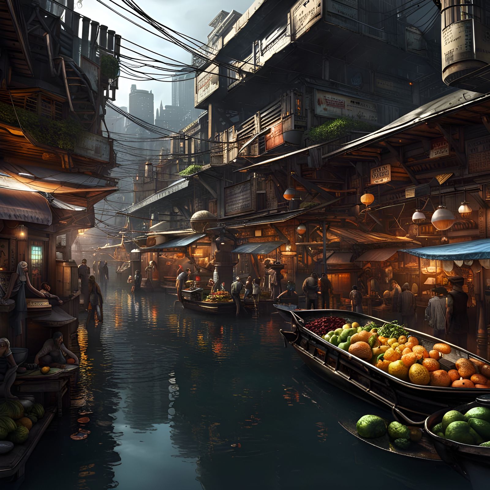 Dystopian Floating Market in Cyberpunk Style