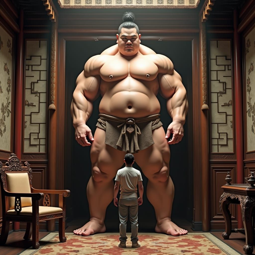 Colossal Chinese Bodybuilder in Traditional Room