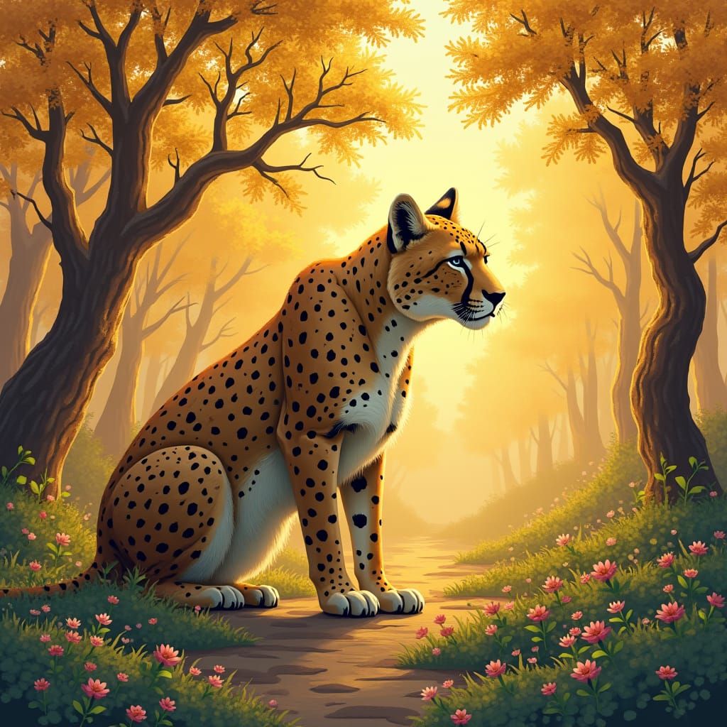 Cheetah Hunting in Klimt-Inspired Golden Landscape