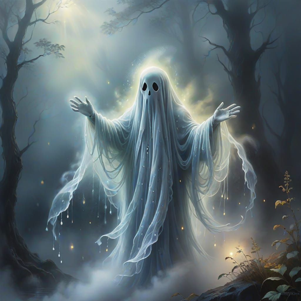 Ethereal Ghost Emerges from Magical Mist: Oil Painting