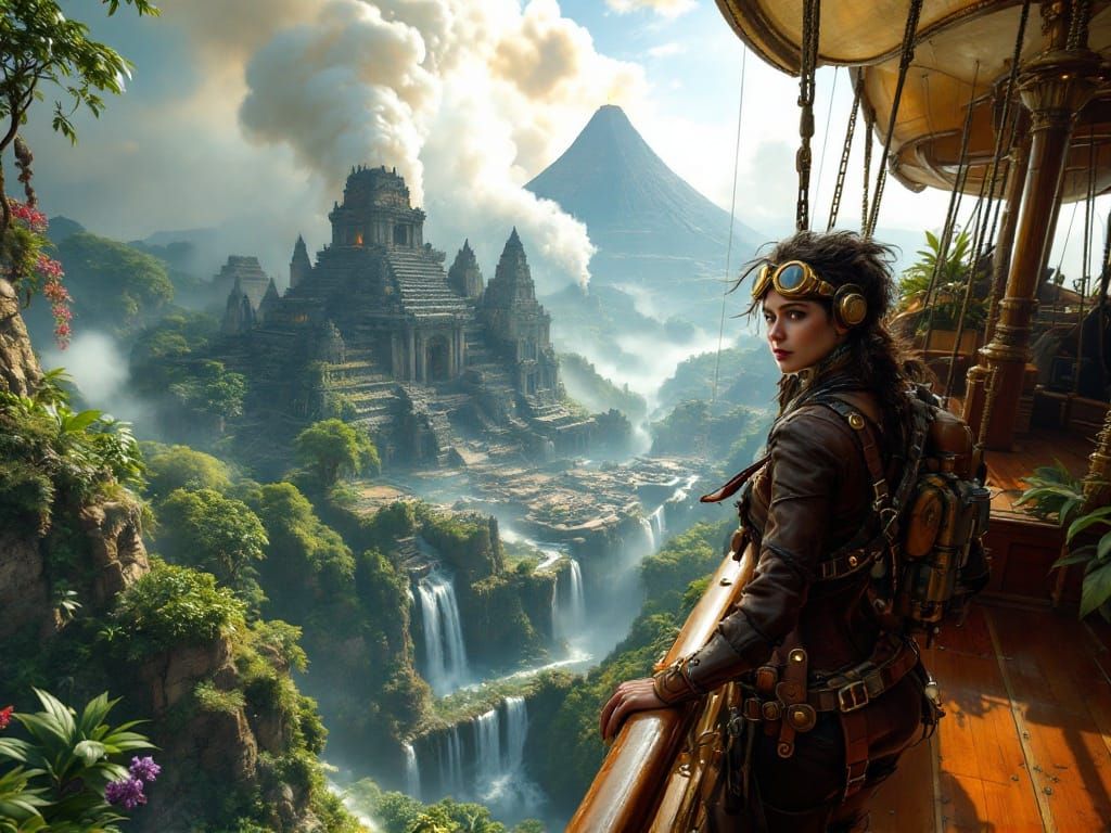 Steampunk Pilot Leaps from Flying Cathedral Ship Over Ancien...