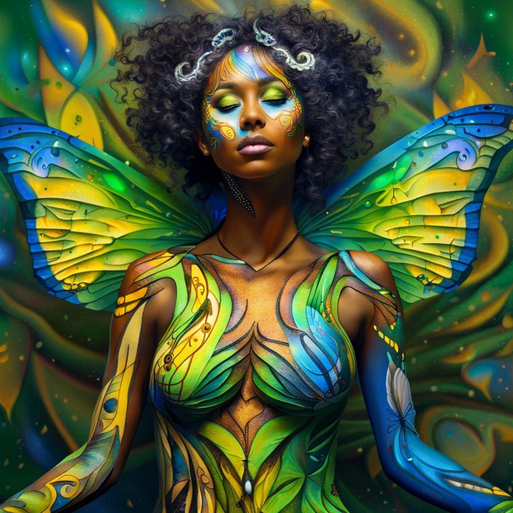 Woman with Butterfly Wings and Musical Body Art
