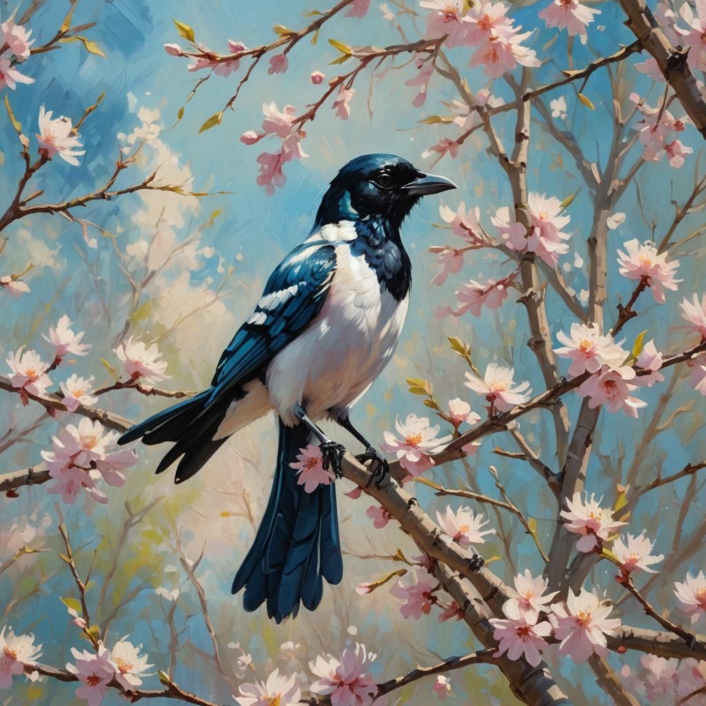 Magpie in Orchard: Impressionist Oil Painting