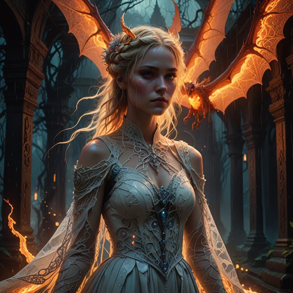 Gothic Maiden Walks to Burning Shrine with Pet Dragon