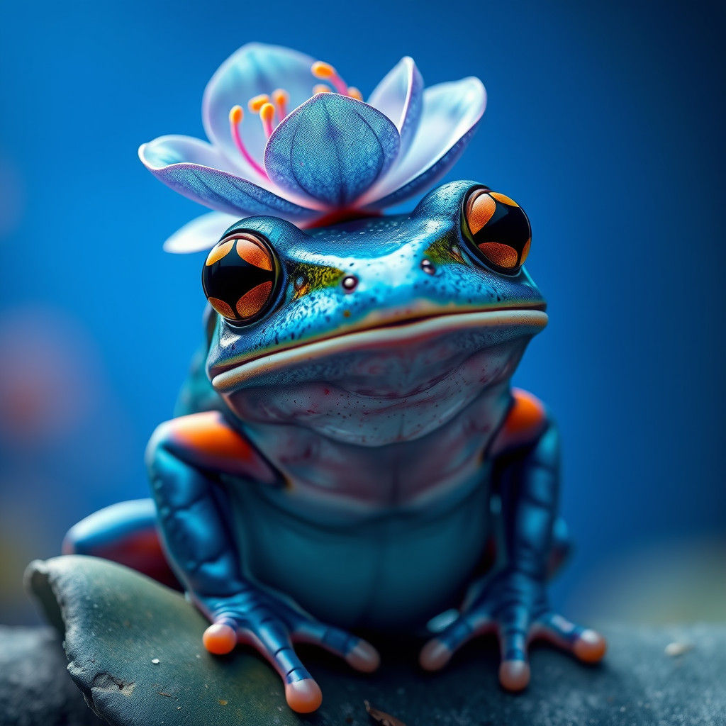 Blue Frog with Flower, Matte Painting Style