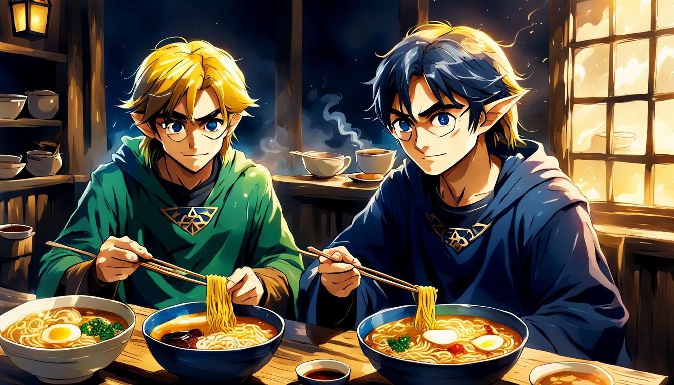 Link from "Legend of Zelda" version of Harry Potter eating ramen at a tavern