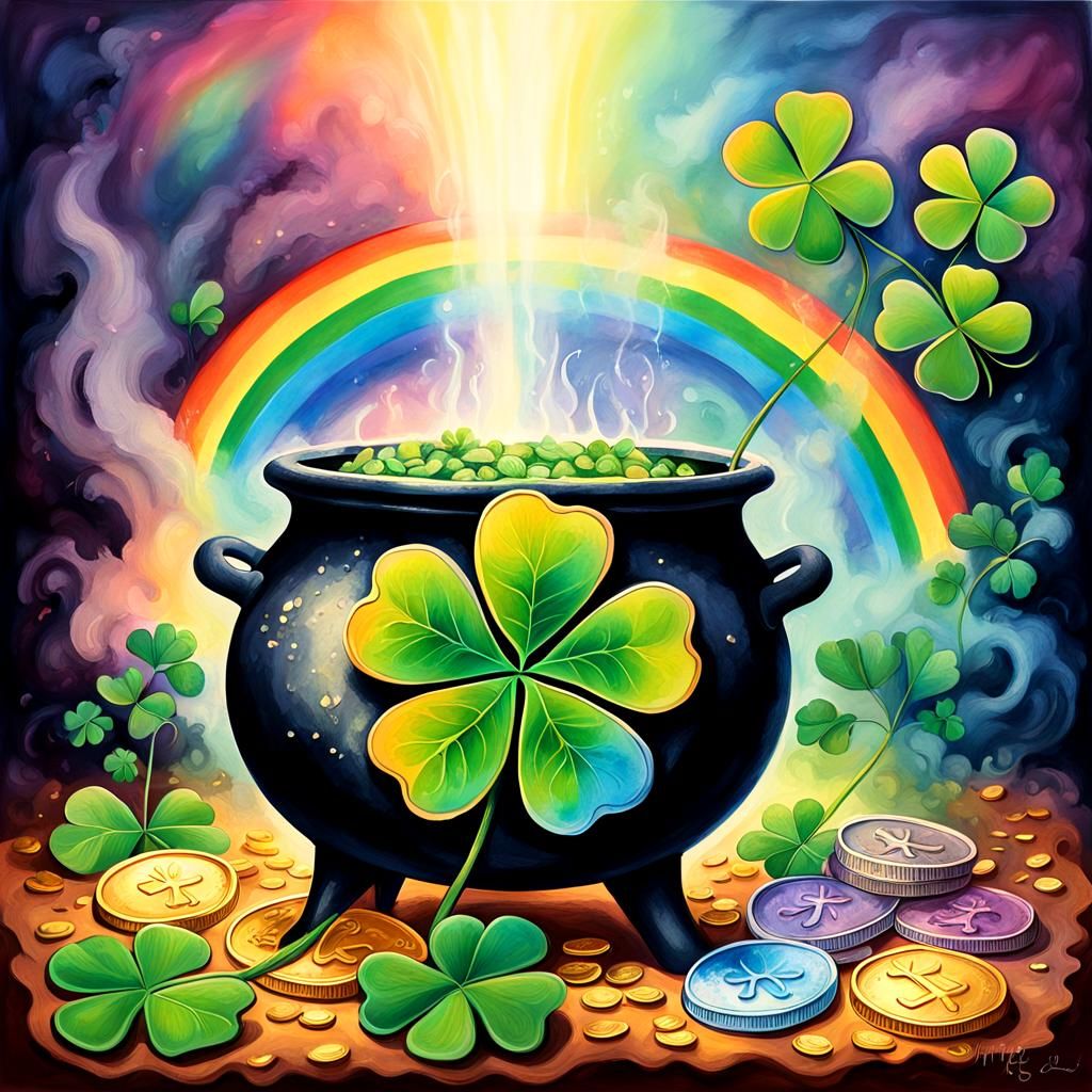 A lucky four-leaf clover glowing with a mystical aura with a...