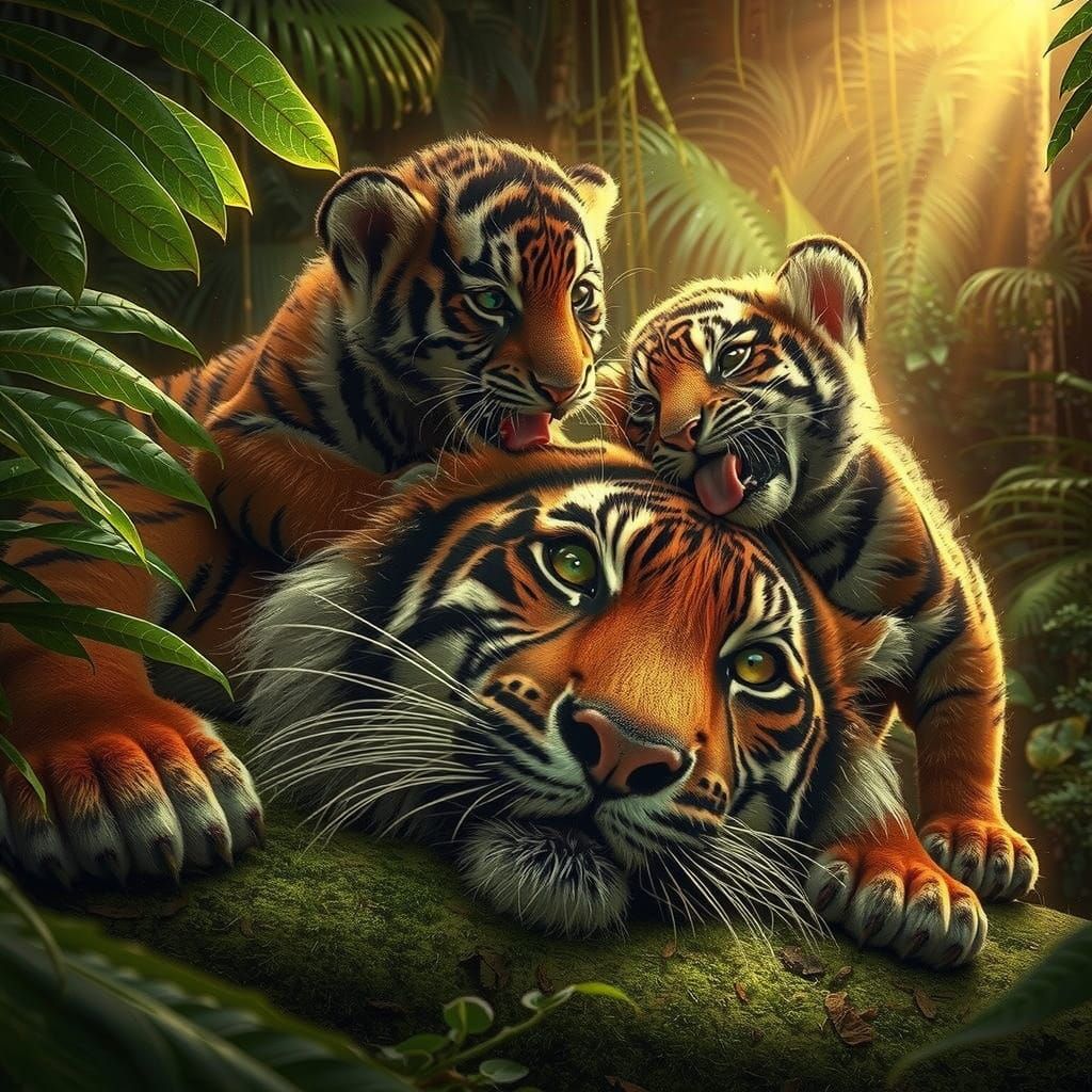 Sumatran Tiger Mother and Cubs Portrait in 8K