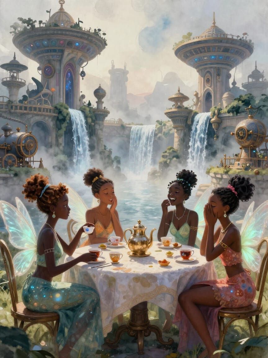 Bioluminescent Fairies Gossiping in Afrofuturist Castles