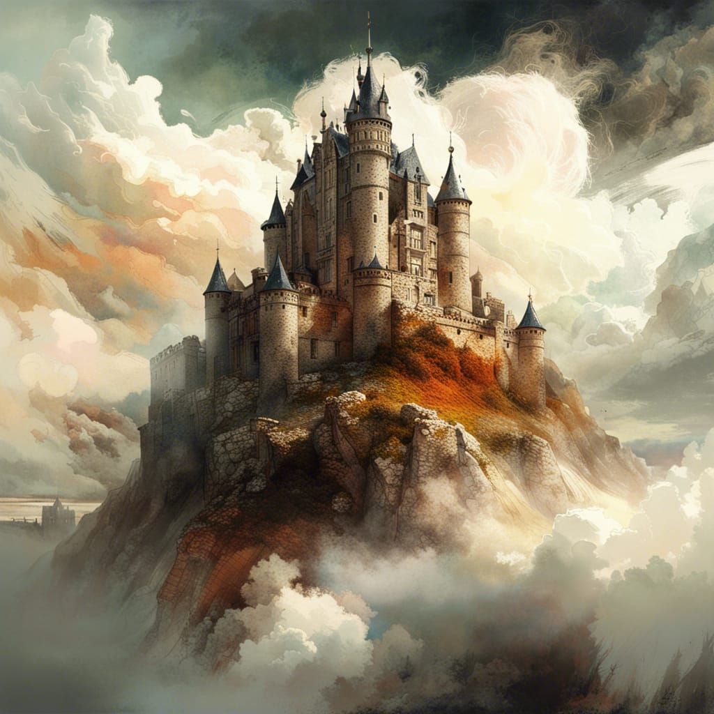 Cloud Castle Portrait in Detailed Polychromatic Style