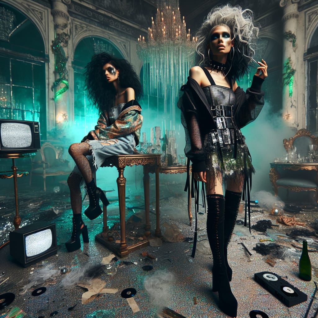 Edgy Woman in Abandoned Warehouse with Neon Lighting