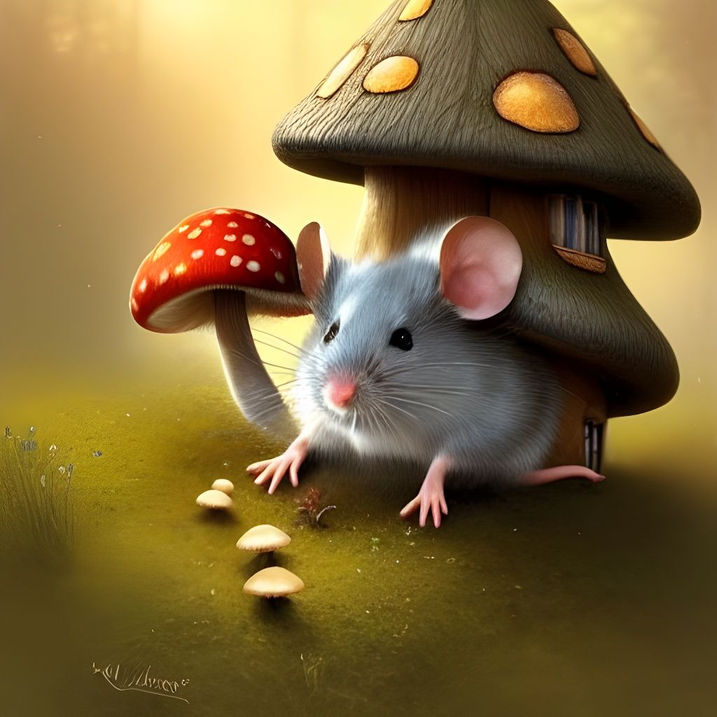 Mouse with Mushroom House, Detailed Digital Art
