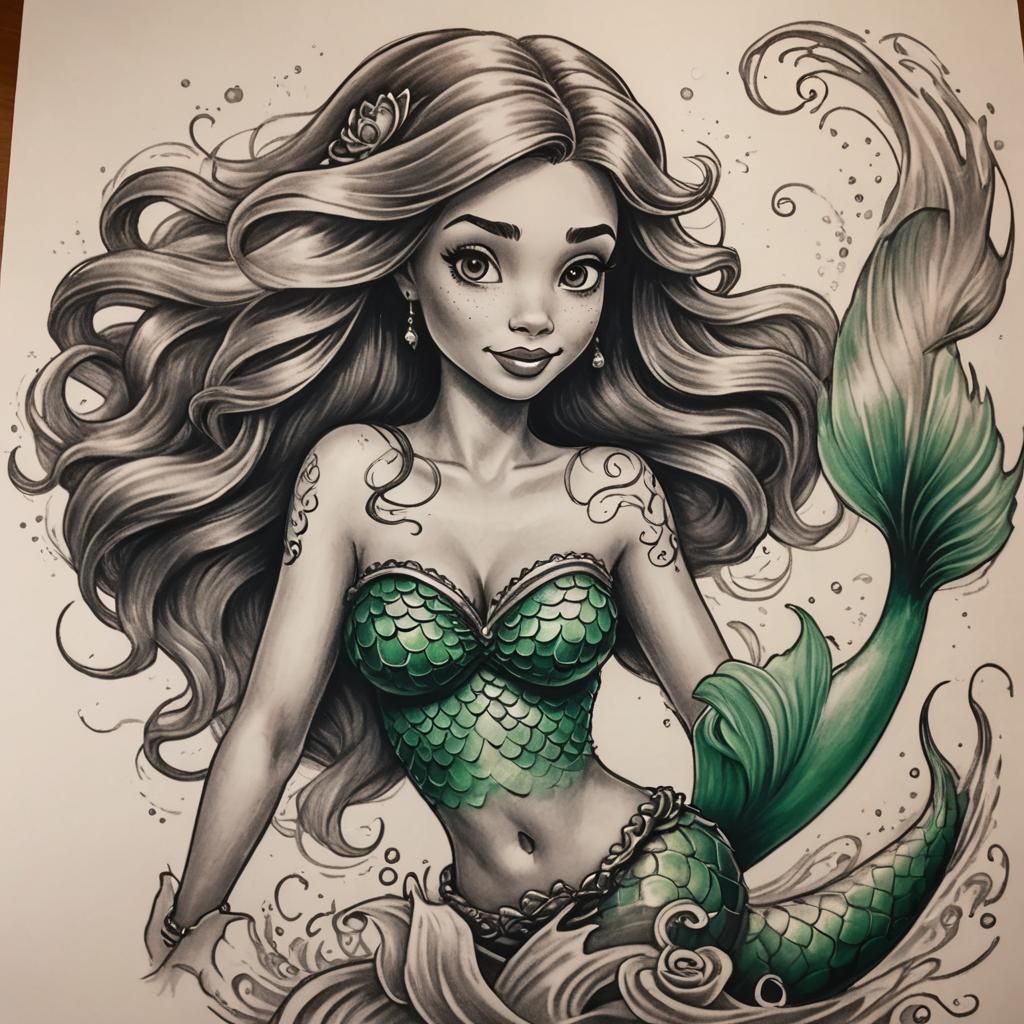 Ariel Tattoo Design in Charcoal Style