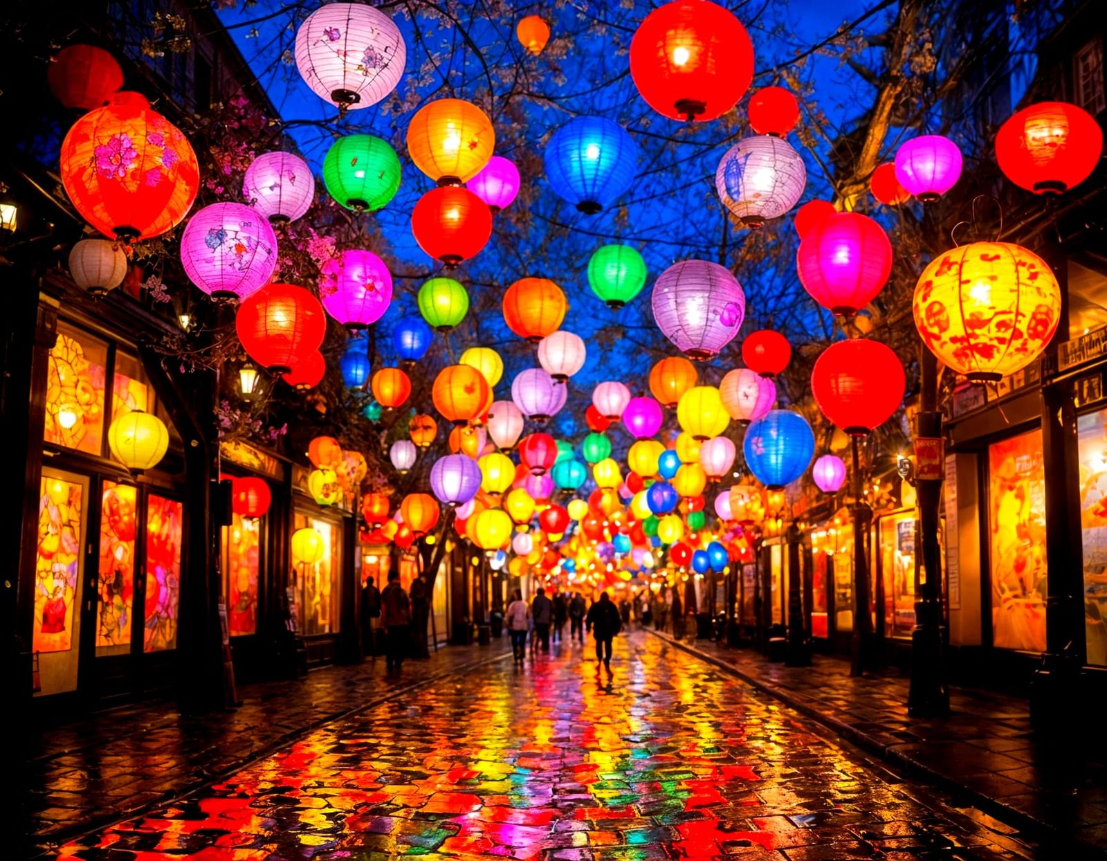 Lantern Festival on Wet Streets, Klimt Style