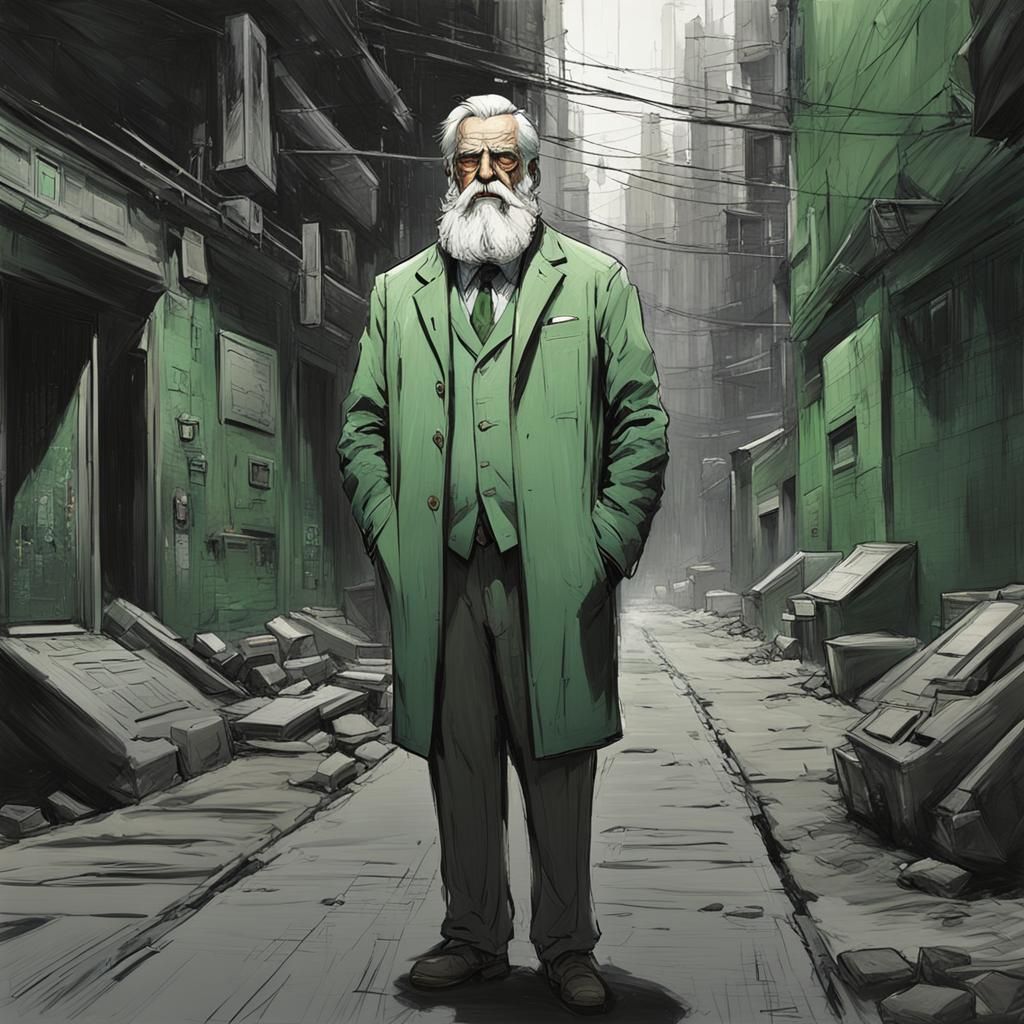 British Scientist in Futuristic Alleyway: Oil Painting