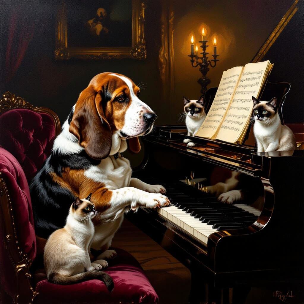 Basset Hound Pianist Entertains Siamese Cats in Opulent Room
