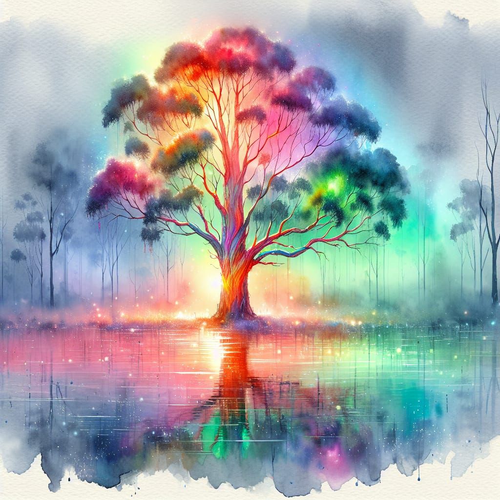 Fluorescent Eucalyptus Tree Reflected in Watercolor