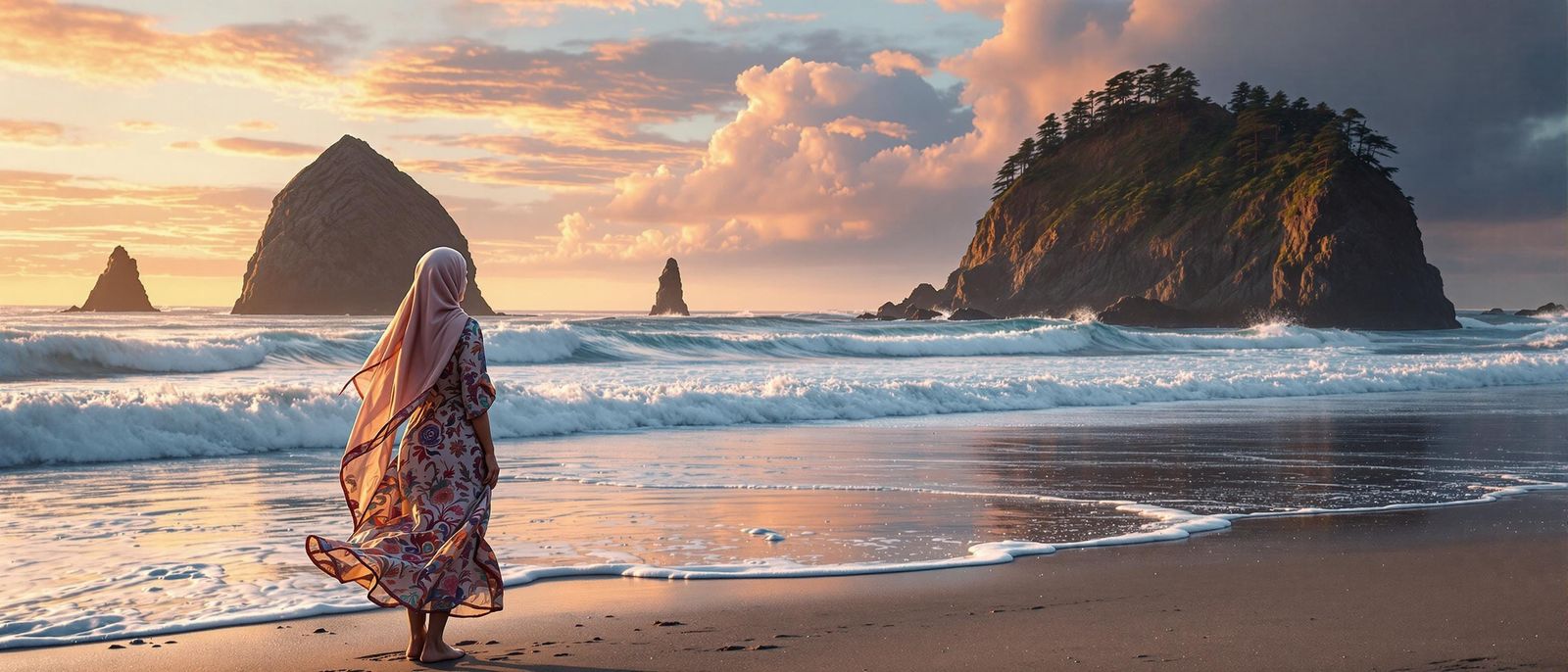 A Middle Eastern Girl Stands Alone on a Pacific Northwest Be...